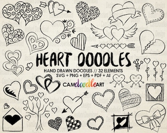 32 coeurs doodle Vector Pack, à la main dessiné Doodle Clipart, à la main dessiné coeurs, croquis, dessin, vecteur, EPS, PDF, PNG, fichier Ai