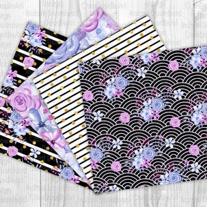 May include: A set of six digital paper designs featuring a black and white background with a repeating pattern of gold dots, stripes, and floral designs in shades of purple and blue.