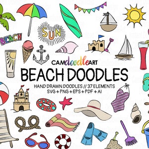 37 Beach Doodles Vector Pack, Hand Drawn Doodle Clipart ,Beach Clipart, Summer Clipart, Sketch, Drawing, Vector, EPS, PDF, PNG, Ai file