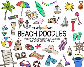 37 plage Doodles Vector Pack, Clipart de Doodle dessiné à la main, plage Clipart, Clipart d’été, croquis, dessin, vecteur, EPS, PDF, PNG, fichier Ai