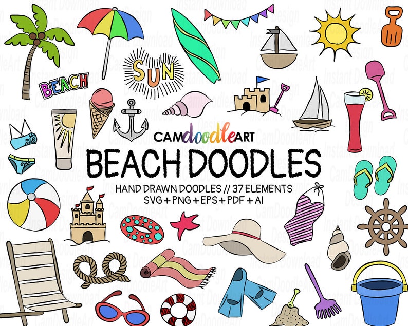 Download 37 Beach Doodles Vector Pack Hand Drawn Doodle Clipart ...