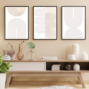 Mid Century Kunstdrucke 3er Set, Neutrale Moderne Wand Kunst Dekor, Minimalistische Digitaldrucke, Skandinavische druckbare Kunst