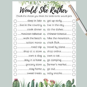 would she rather | bridal shower game | how well do you know the bride | succulents