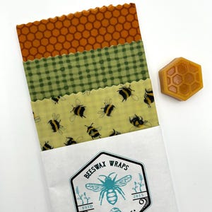 Beeswax Wraps/ 3 sizes/ reusable food wraps/ bees/honeycomb/ fabrics as shown