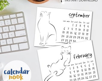 2026 Cat Line Art Monthly Calendar: 12 Minimalist Kitties (7x5 inches PDF Download)