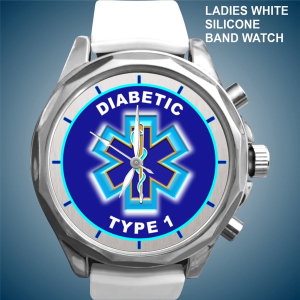 Women Diabetic Type 1 Watches Medical Alert ID of Blue or Red Caduceus Medical Symbol and Choice of Watch Styles