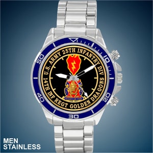 May include: A silver watch with a blue bezel and a black face. The face features the insignia of the 14th Infantry Regiment, "Golden Dragons", of the 25th Infantry Division, U.S. Army. The text "Right of the Line" is also visible on the face.