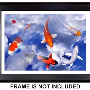 Koi Fish Giclée Print 18&quot;x12&quot; of &quot;Mesmerized Cat Reflection,&quot; Japanese Koi Fish Pond from Original Digital Painting by T. L. Baalke