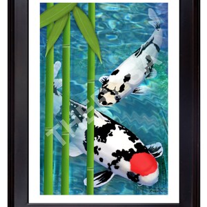 Koi Fish Giclée Print 12&quot;x18&quot; of &quot;Koi Bamboo,&quot; Tancho Shiro Utsuri Japanese Koi Fish Pond from Original Digital Painting by T. L. Baalke