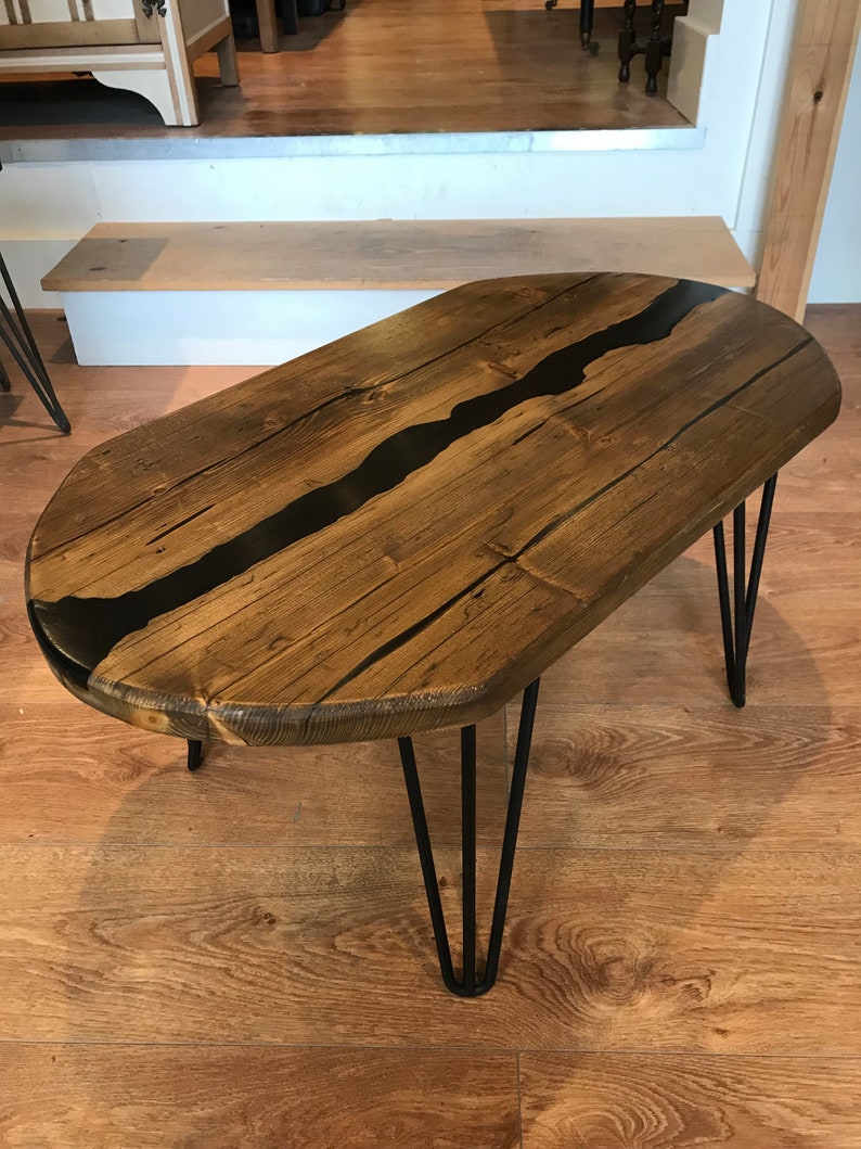 Oval Reclaimed Wood And Epoxy Resin Coffee Table On Hairpin Etsy