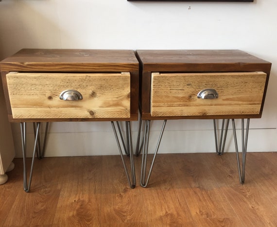 Reclaimed Wooden Bedside Tables On Hairpin Legs Etsy
