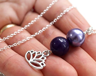 Lotus Necklace Sterling Silver Flower Purple Pearl Agate Pendant Yoga Meditation Harmony Balance Crown Chakra
