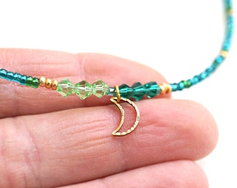 ON VACATION,  Gold Crescent Moon Necklace Half Moon Mini Gold Beads Irish Green St Patricks Day Thin Minimal Dainty Celestial