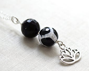 Dainty Lotus Necklace Sterling Silver Flower Charm Black & White Agate Necklace Chakra Gemstone Yoga Meditation