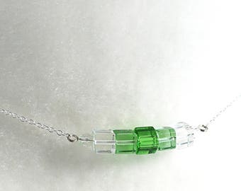 Dainty St Patricks Day Necklace Green Ombre Glass Cube Bar Necklace Sterling Silver Chain Irish Modern Geometric