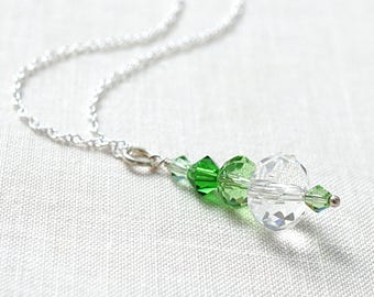 ON VACATION,  Dainty St Patricks Day Necklace Stacked Crystals Necklace Sterling Silver Chain Irish Necklace Green Crystal