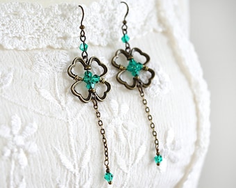 4 Four Leaf Clover Earrings, St Patrick Day Gift, Irish Shamrock Good Luck Charm green Crystal Earrings