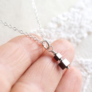 Tiny Sterling Silver Necklace Natural Magnetic Hematite Dainty Cubes Simple Modern Geometric
