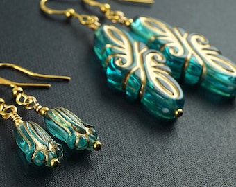 ON VACATION,  Gold Earrings, Turquoise Blue Lucite See-through Bead, Artisan Handmade Vintage Style, Clip-on No Piercing Earring