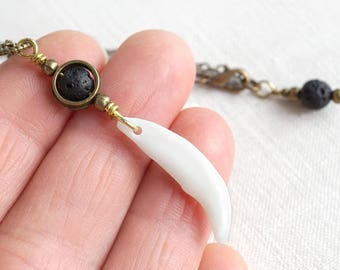ON VACATION, Dainty Wolf Tooth Necklace Wolf Necklace Black Lava Raw Stone Necklace Essential Oil Diffuser Boho Totem Necklace