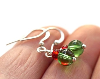 Petite Red Green Glass Earrings, Dainty Wire Wrapped Sterling Silver Drop Earrings Small earrings Christmas party