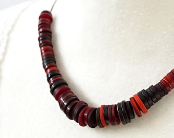 ON VACATION,  Stacked Button Necklace, Red Color Block Necklace, Hemp Cord Statement Necklace