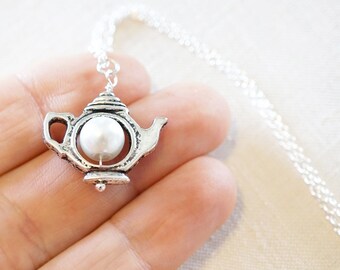 ON VACATION Dainty Art Deco Kettle Necklace White Pearl Teapot Necklace Sterling Silver Chain Alice in Wonderland Tea Party