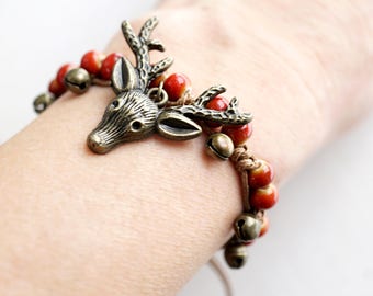 Elk Deer Woodland Animal Bracelet Slave Bells Music Bracelet Red Orange Berry Ceramic Beads Boho Macrame