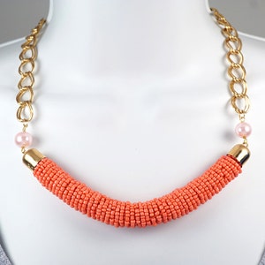 Beaded Rope Necklace Pink Orange Seed Bead