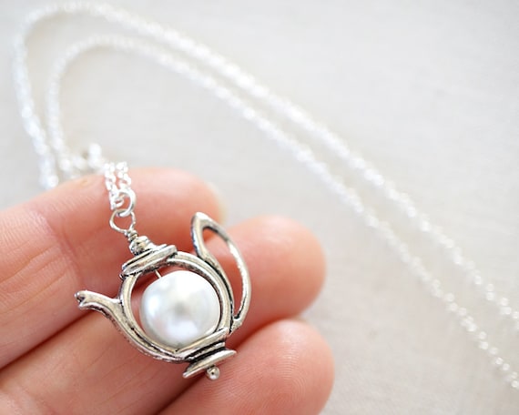 ON VACATION Dainty Miniature Teapot White Pearl Teapot Necklace Sterling Silver Chain Teapot Pearl Charm Alice in Wonderland