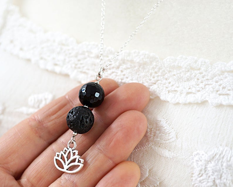 ON VACATION, Dainty Essential Oil Diffuser Necklace Garden Lotus Flower Necklace Black Lava Aromatherapy Sterling Silver Yoga image 4