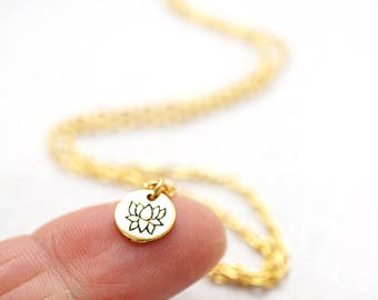 ON VACATION,  Dainty Mini Gold Disk Necklace Tiny Gold Lotus Flower Dainty Lotus Necklace Petite Pendant gold Charm Chakra Yoga