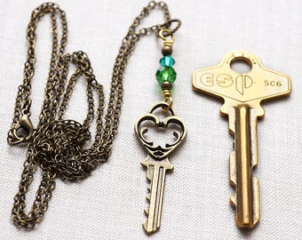 ON VACATION,  Heart Key Necklace, Wire Wrapped Key, Skeleton Key Pendant, Victorian Key Charm