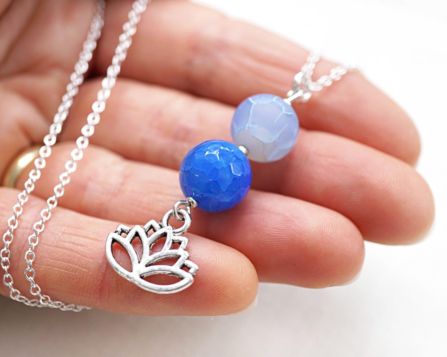 Dainty Lotus Necklace Light Blue Agate Pendant Sterling Silver Etsy