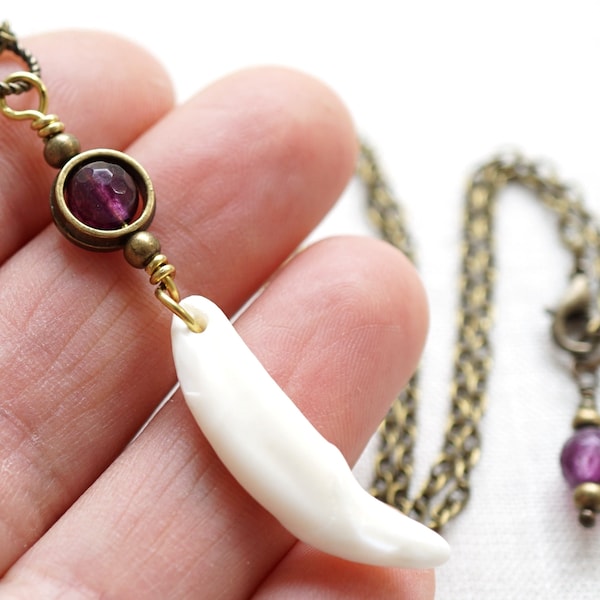 ON VACATION,  Dainty Wolf Tooth Necklace Wolf Necklace Purple Red Russian Amethyst Necklace Boho Tribal Bohemian Necklace