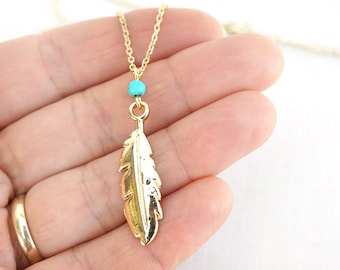 ON VACATION,  Dainty turquoise jewelry Tiny Gold Feather Necklace Delicate Gold Necklace Petite Small Feather Necklace