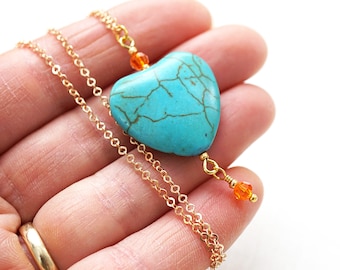 ON VACATION,  Large Turquoise Heart, Dainty Gold Chain