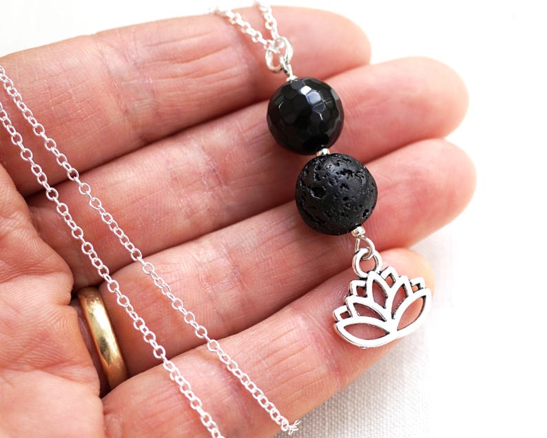 ON VACATION, Dainty Essential Oil Diffuser Necklace Garden Lotus Flower Necklace Black Lava Aromatherapy Sterling Silver Yoga image 1