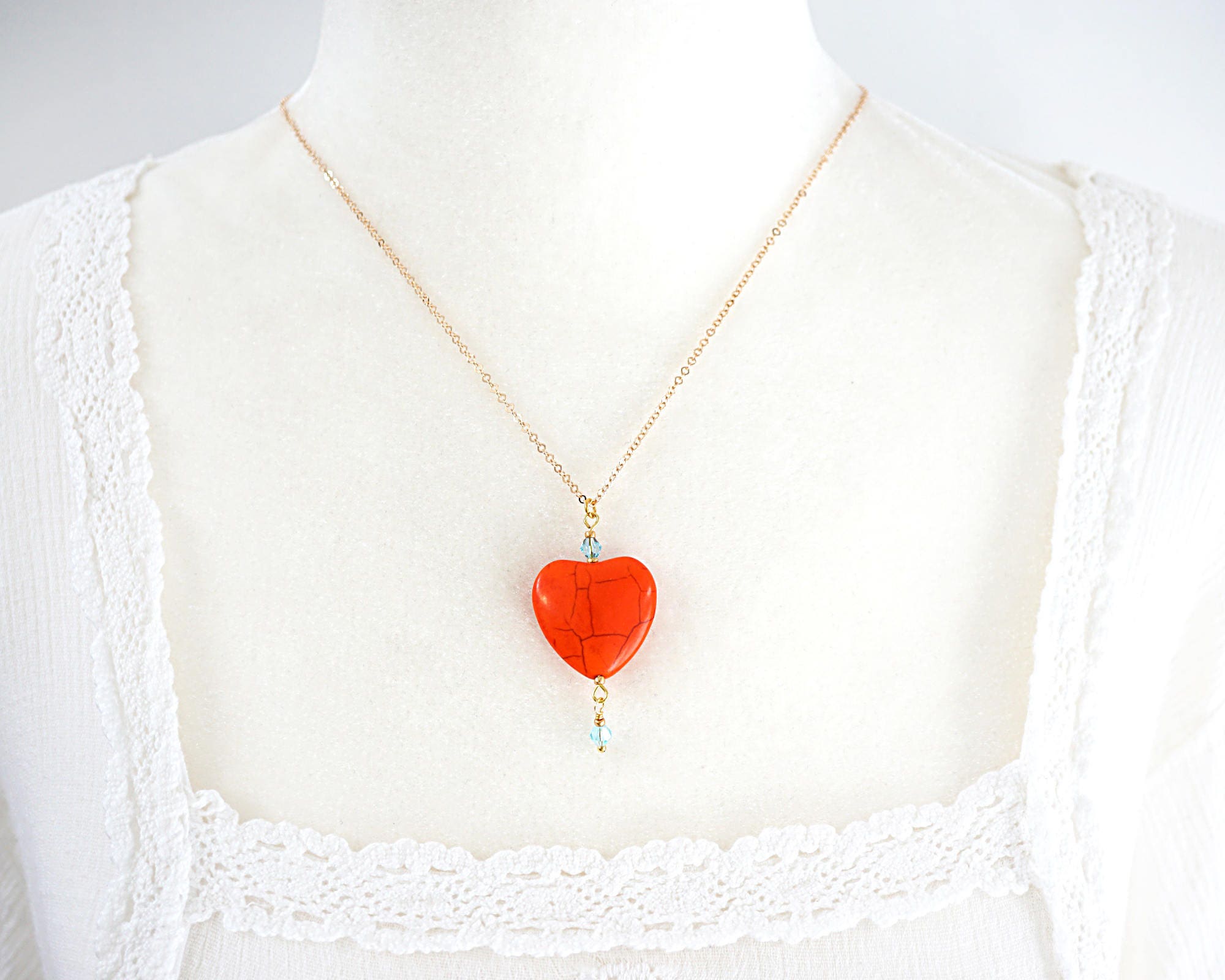 Orange Heart Necklace, Thin Dainty Gold Chain