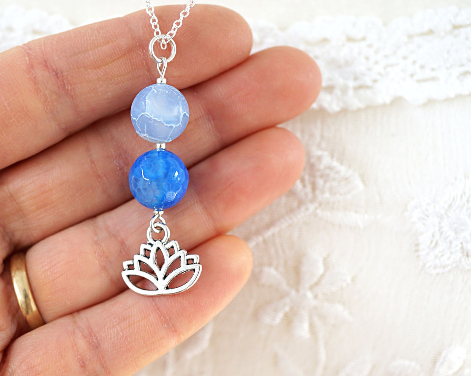 Dainty Lotus Necklace Light Blue Agate Pendant Sterling Silver Etsy