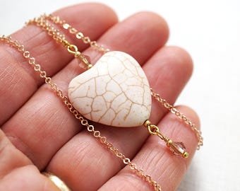 ON VACATION,  White Turquoise Heart, Howlite Natural Stone, Gold Chain