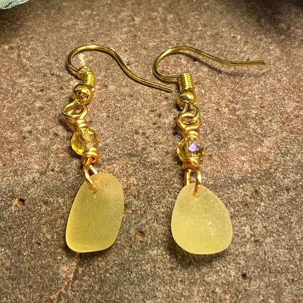 Genuine Honey Yellow Sea Glass Earrings, Honey Yellow Beach Glass Earrings, Seaham Beach Sea Glass, Sea Glass Earrings, Yellow Sea Glass