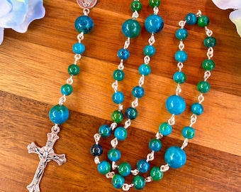 Handmade Blue Gemstone Beaded Rosary, Chrysocolla Gemstone Hand Beaded Rosary, Gemstone Beaded Rosary with Guadalupe Medal, Handmade Rosary