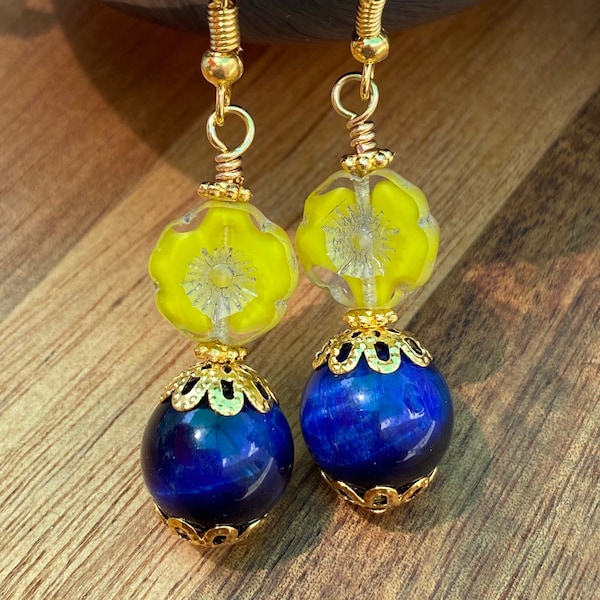 Ukraine Support Donation Sunflower Beaded Earrings, Handmade Blue and Yellow Ukrainian Dangle Earrings, Donate to Ukraine Jewelry Gift