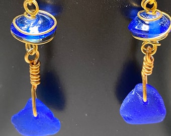 Handmade Cobalt Blue Genuine Sea Glass Earrings, Blue Dangle Beach Glass Earrings, Blue and Gold Sea Glass Dangle Earrings Gift For Her