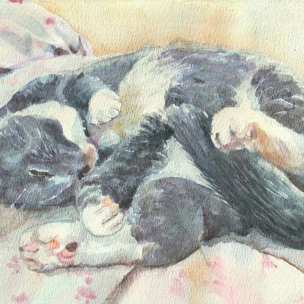 Gray and white cat sleeping, cat art print from a watercolor painting, print with mat, cat lover gift, cute kitten sleeping