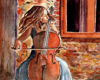 Painting of girl playing the cello, violoncello player watercolor portrait, cellist musician playing outside, gift for cello musician player