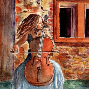 Painting of girl playing the cello, violoncello player watercolor portrait, cellist musician playing outside, gift for cello musician player