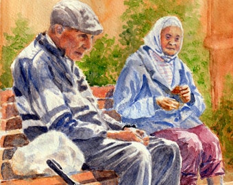 Painting watercolor portrait of old couple, senior couple sitting on a bench in the park, gift for old couple anniversary