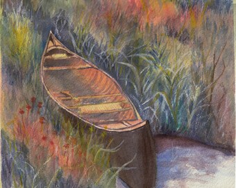Canoeing, canoe painting in print, autumn colors, autumn painting, Hudson River in fall, marsh area, watercolor art print